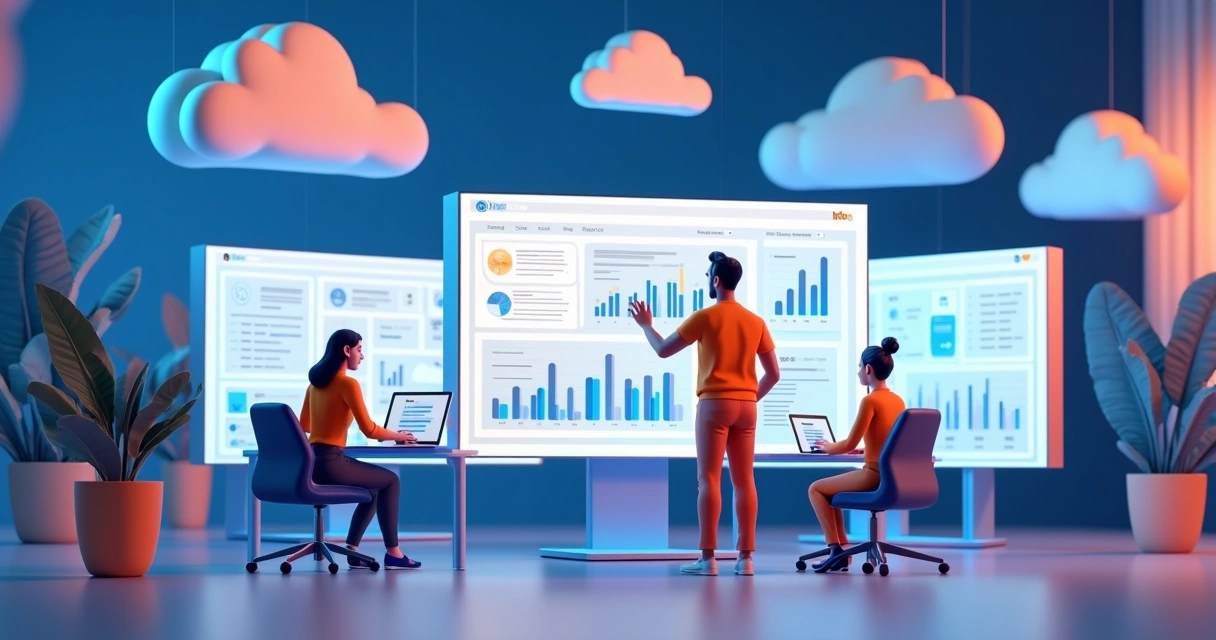 Modelo 3D de computador com telas exibindo software personalizado white label SaaS e elementos digitais como gráficos, nuvem e pessoas interagindo