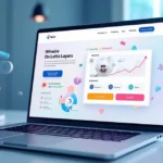 Modelo 3D de landing page para SaaS com design moderno, seção hero, CTAs claros e gráficos de conversão