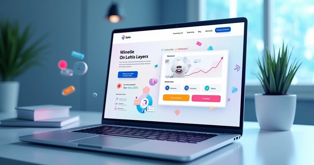 Modelo 3D de landing page para SaaS com design moderno, seção hero, CTAs claros e gráficos de conversão