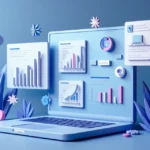 Modelo 3D de uma interface digital com gráficos de crescimento, telas de aplicativos e ícones tecnológicos em fundo azul