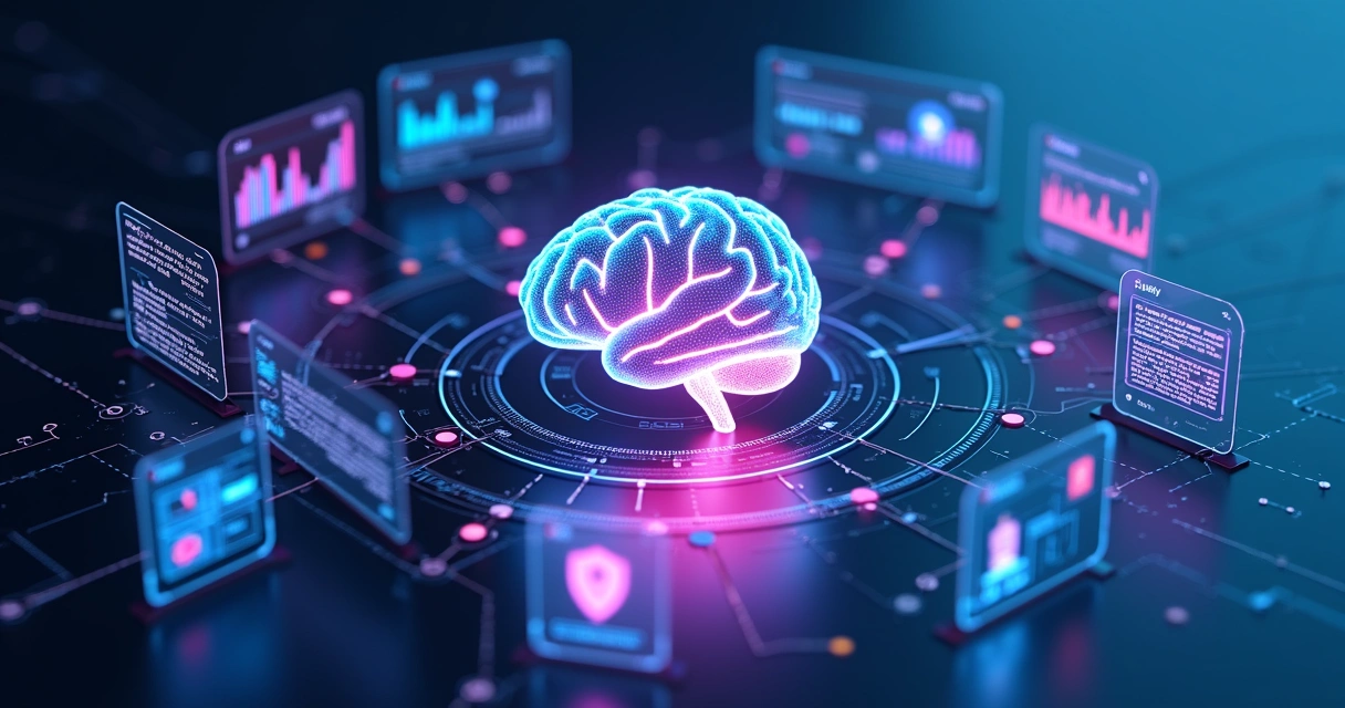 Modelo 3D representando inteligência artificial com elementos de texto, áudio e vídeo integrados