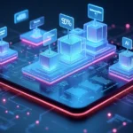 Representação 3D de tecnologia micro SaaS com interface digital e elementos de inteligência artificial e gráficos