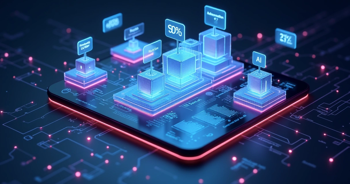 Representação 3D de tecnologia micro SaaS com interface digital e elementos de inteligência artificial e gráficos