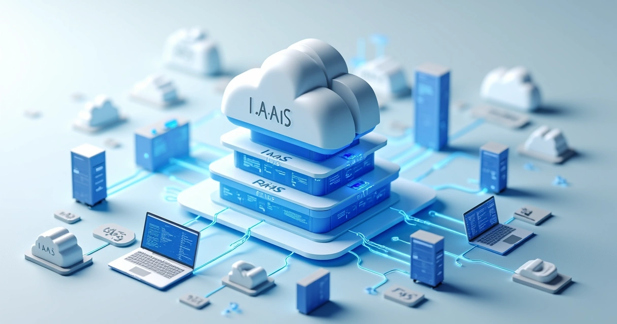 Modelo 3D colorido mostrando nuvem digital com camadas identificadas como IaaS, PaaS e SaaS conectadas a servidores e dispositivos